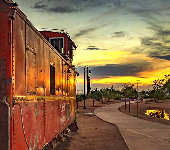 The Sixth Street Pathway is a landscaped walk through static displays of Winslow's importance as a railroad city.